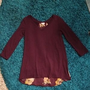 Le Lis Deep Burgundy Top with Rounded Neckline and 3/4 Sleeves